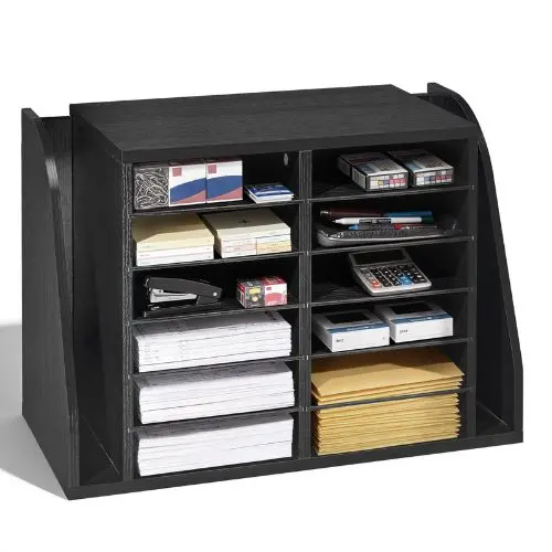 12-Compartment Literature Organizer With Side Vertical Storage, Wooden Mailbox Sorter (Black) 1