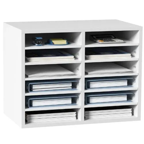 12 Compartment Wood Literature Organizer For Office & Home – (White) 1
