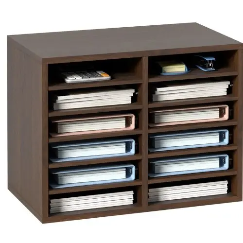 12-Compartment Wooden Literature Organizer With Adjustable Shelves For Office & Home (Brown) 1