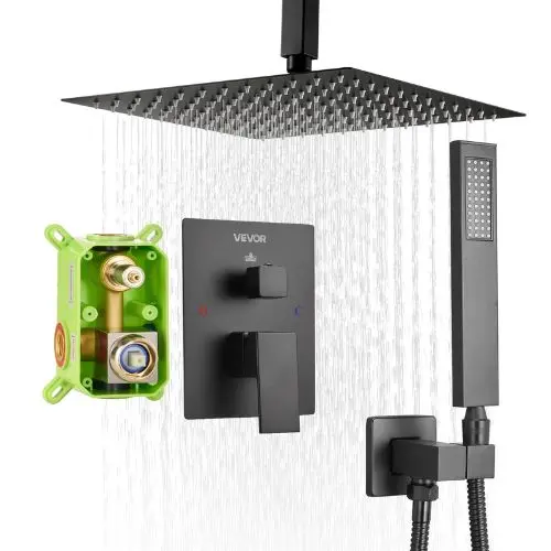 12" Square Ceiling Mount Rainfall Shower System – (Matte Black) 1
