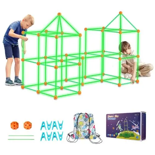 140 Pcs Glow-In-The-Dark Fort Building Kit For Kids, Stem Construction Set With 96 Rods & 44 Balls, Ages 4–8+ 1