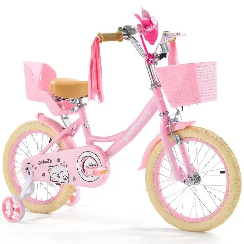 16-Inch Princess Kids Bike For Girls Pink Children’S Bicycle With Basket Streamers Doll Seat & Training Wheels 1