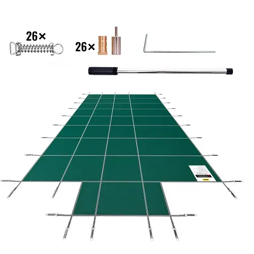 18X36 Ft Inground Pool Safety Cover With 4X8 Ft Center End Steps & Protrusions – Green Mesh Winter Safety Cover 1