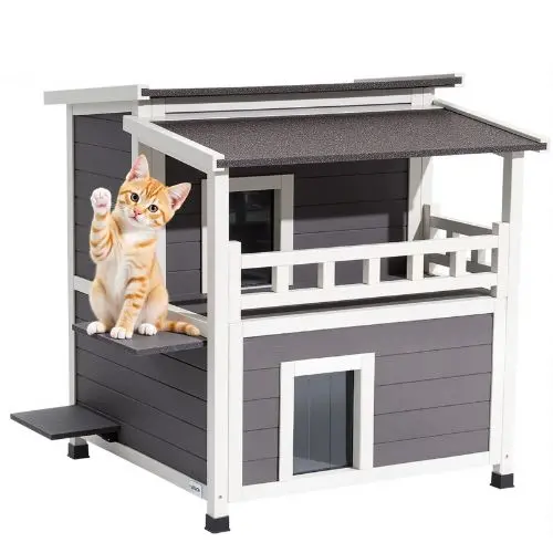 2-Story Insulated Cat House With Balcony Foam Insulation Waterproof Shelter For 1-3 Cats 33" X 29.5" X 32" 1