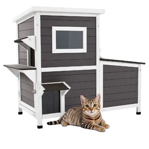 2-Story Outdoor Cat House For 3 Cats Elevated Feral Shelter With Stairs Clear Window & Flap Doors Waterproof 42" X 25" X 34" 1