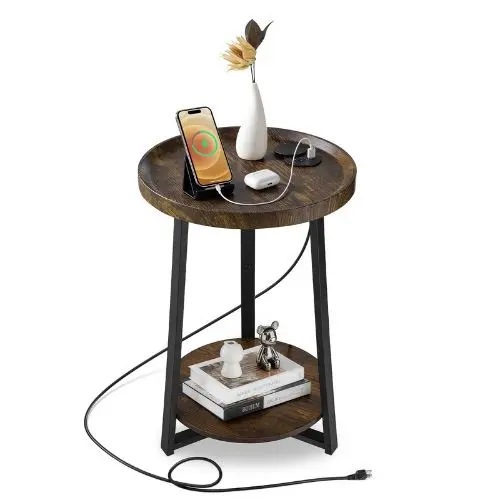 2-Tier Round End Table With Charging Station, Brown 1