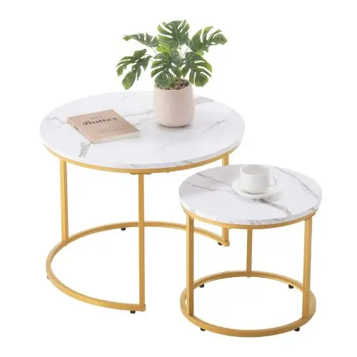 23-24 In Vintage Round Nesting Tables With Metal Frame (White & Gold) 1