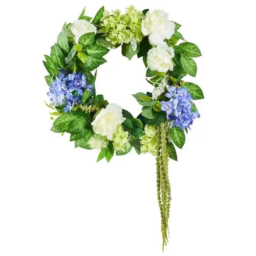 23 Inch Blue And White Green Hydrangeas Roses Year Round Artificial Decorative Wreath Wa53361 1