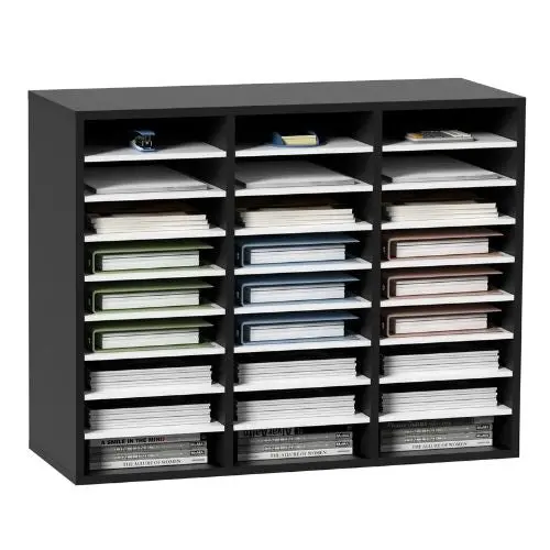 27-Compartment Wood Literature Organizer With Adjustable Shelves Mdf Mail Center (Black & White) 1