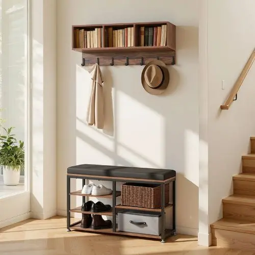 3-In-1 Coat Rack Shoe Bench With Hooks & Shelf – Rustic Brown Steel Hall Tree For Entry Bedroom Closet Office 1