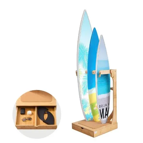 3-Tier Wooden Surfboard Stand Freestanding Rack With Hooks & Cork Padding For Storage And Display 1