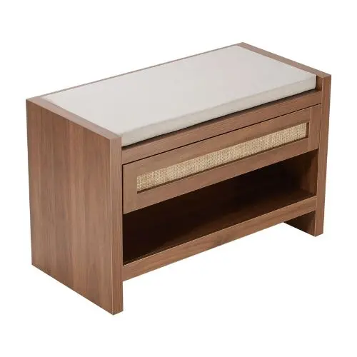 30.9 In Rattan Shoe Bench With Storage Drawer & Linen Seat Cushion Handwoven Rattan For Entryway Bedroom Living Room 1