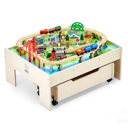 31X25x13 Inch Wooden Train Table Set With Rolling Storage Drawer – 3-In-1 Toy For Kids 3+ 1