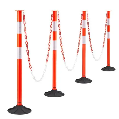 34" Traffic Delineator Posts With Weighted Base Reflective Strips & Chain Red For Construction Site & Parking Lot Safety 1