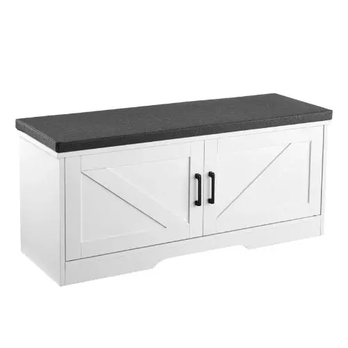 39.4 X 14.0 X 18.1 In Shoe Storage Bench With Padded Seat 2 Barn Doors & Adjustable Shelf (White + Black) 1