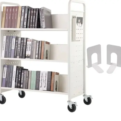 39.4" X 20.1" X 49.2" Rolling Book Cart  Double Sided W-Shaped Sloped Shelves With 4-Inch Lockable Wheels 1