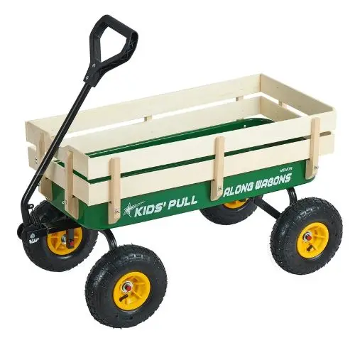 39" Kids Pull-Along Wagon With Wooden Panels Green For Kids 1