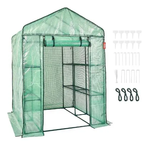 4.7 X 4.7 X 6.5' Ft High Strength Pe Cover With Zipper Door And Steel Frame Walk-In Green House With Shelves 1