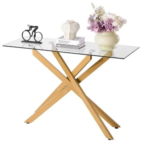 45 Inch Glass Coffee Table – Modern Gold Rectangle Table With Cross Iron Legs 1