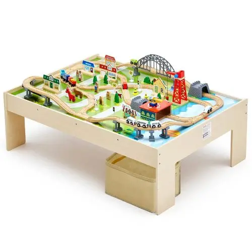 47.4X33.5X16 Inch Wooden Train Table Set With Collapsible Storage Bin – 3-In-1 Toy For Kids 3+ 1
