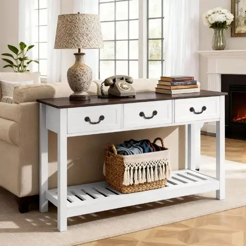 47" Farmhouse Console Table With Drawers & Shelf – Narrow Sofa Table, Brown/White 1