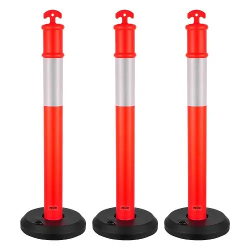 48" Traffic Delineator Posts With Fillable Base & Reflective Strips, For Construction Site & Parking Lot Safety (3 Pack) 1