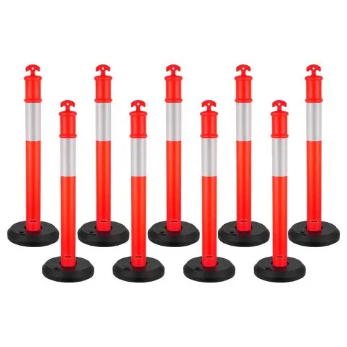 48" Traffic Delineator Posts With Fillable Base & Reflective Strips Red For Construction & Parking Lot Safety 1