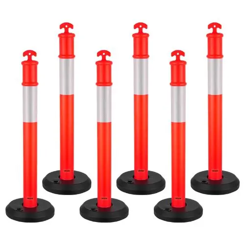 48" Traffic Delineator Posts With Fillable Base & Reflective Strips Red For Construction & Parking Lot Safety 1