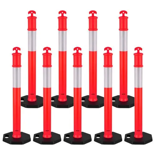 48" Traffic Delineator Posts With Weighted Base & Reflective Strips, Red, For Construction & Parking 1