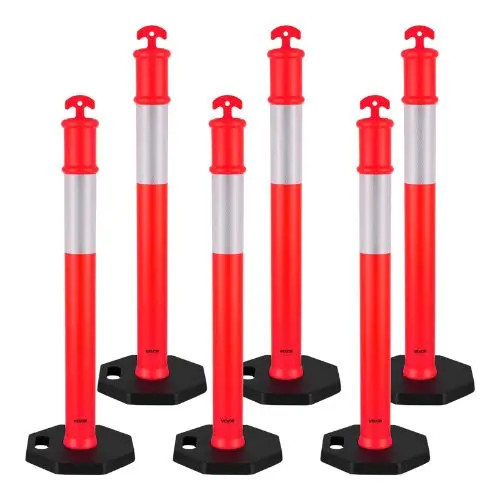 48" Traffic Delineator Posts With Weighted Base & Reflective Strips Red For Construction & Parking Lot Safety  (6 Pack) 1