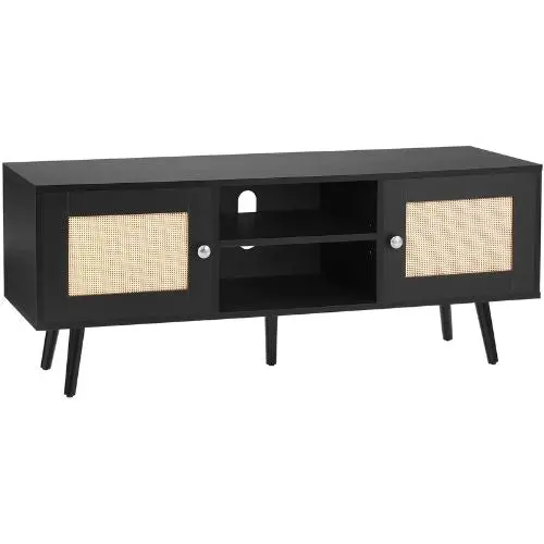 55 Inch Mid Century Modern Rattan Tv Stand With Adjustable Shelves For Living Room Media Room (Black) 1