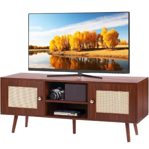 55 Inch Rattan Tv Stand Cabinet With Adjustable Shelves For Living Room Console (Walnut) 1