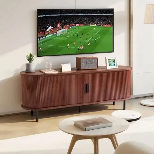 58 In Boho Tv Stand With Adjustable Shelves & Rolling Door For Living Room Bedroom (Brown) 1