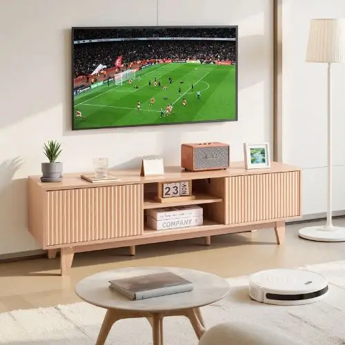 59 In Boho Tv Stand With Adjustable Open Shelves & Sliding Door For Living Room Bedroom (Burlywood) 1