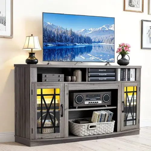 65 In Tv Stand Farmhouse Entertainment Center With Light Strip Wooden Cabinet With Glass Doors And Adjustable Shelves For Home 1