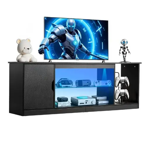 65 In Tv Stand Modern Entertainment Center With Adjustable Shelves Console Table For Living Room And Bedroom (Black) 1