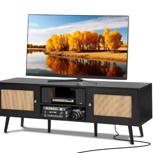 65 Inch Modern Rattan Tv Console With With Rattan Doors Usb Ports & Built-In Socket For Living Room Media Room (Black) 1