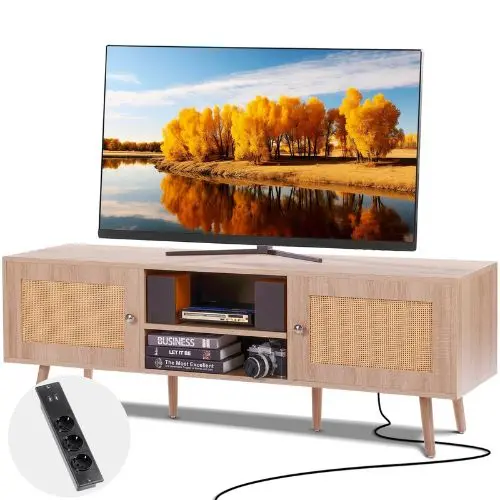 65 Inch Rattan Tv Console With Usb Ports Power Outlet & Adjustable Shelves (Oak) 1
