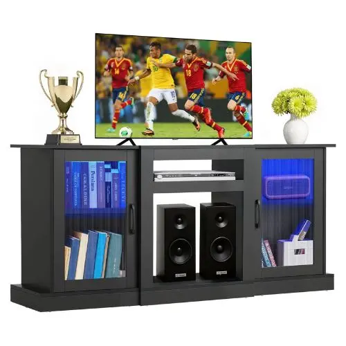 65In Tv Stand With Light Strip Wooden Cabinet With Glass Doors And Adjustable Shelves For Living Room & Bedroom (Black) 1