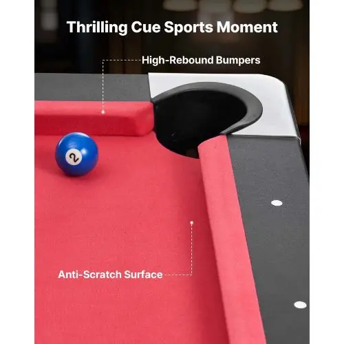 6Ft Portable Pool Table – Black Frame Red Cloth For Family Game Room Kids Adults 1