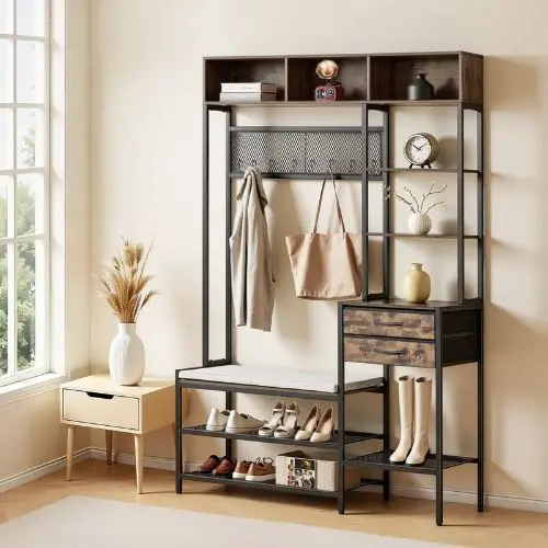 70.9" Hall Tree Coat Rack With Shoe Bench & 2 Drawers 3-In-1 Storage Organizer Bookshelf & Wire Shelf Steel Frame For Entryway Bedroom 1