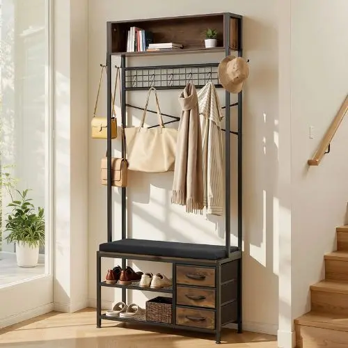 70.9" Hall Tree Coat Rack With Shoe Bench & 3 Drawers – 3-In-1 Organizer With Hooks Shelves & Steel Frame For Entry Bedroom 1