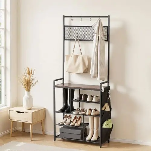 70.9" Hall Tree Coat Rack With Shoe Storage 4-Tier Organizer Hooks Side Pocket Wire Shelf Steel Frame For Entryway Bedroom Closet 1