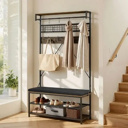 72" Hall Tree Coat Rack With Shoe Bench – 2-Tier Shoe Rack Hooks Hanging Rod & Wire Shelf Steel Frame Organizer For Bedroom Closet 1