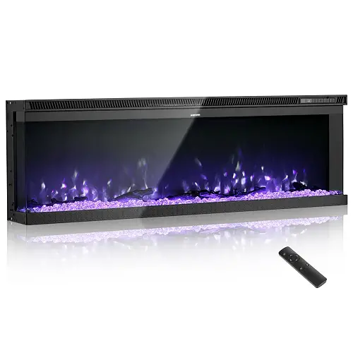 72-Inch Electric Fireplace 1500W, Three-Sided Glass, Wall Mounted & Recessed 1