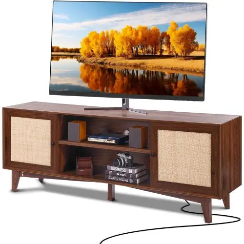 75 Inch Rattan Tv Cabinet For Boho Entertainment Center With Built-In Socket 2 Shelves & Storage Doors (Walnut) 1