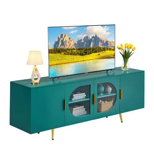 75In Tv Stand With Glass Doors And Gold Legs Tv Cabinet Storage With Adjustable Shelves For Living Room & Bedroom (Green) 1