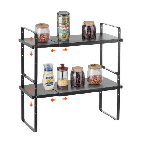 "Adjustable 2-Tier Kitchen Cabinet Shelf Organizer - Expandable Stackable Storage Riser For Pantry Bathroom & Office (Black)" 1