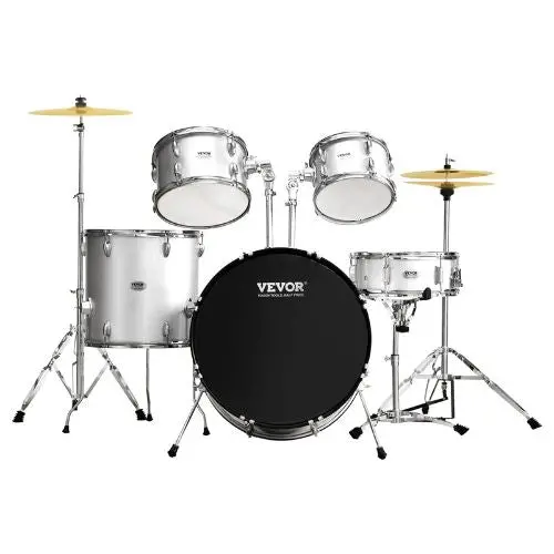 Adult 5-Piece 22″ Full-Size Drum Set – Complete Beginner Kit With Throne, Cymbals & Pedal (Silver) 1