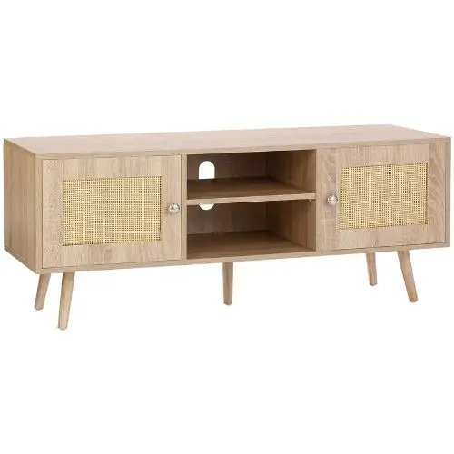 Boho Mid Century Rattan Tv Cabinet For 55 Inch Tv With Adjustable Shelves (Oak Finish) 1
